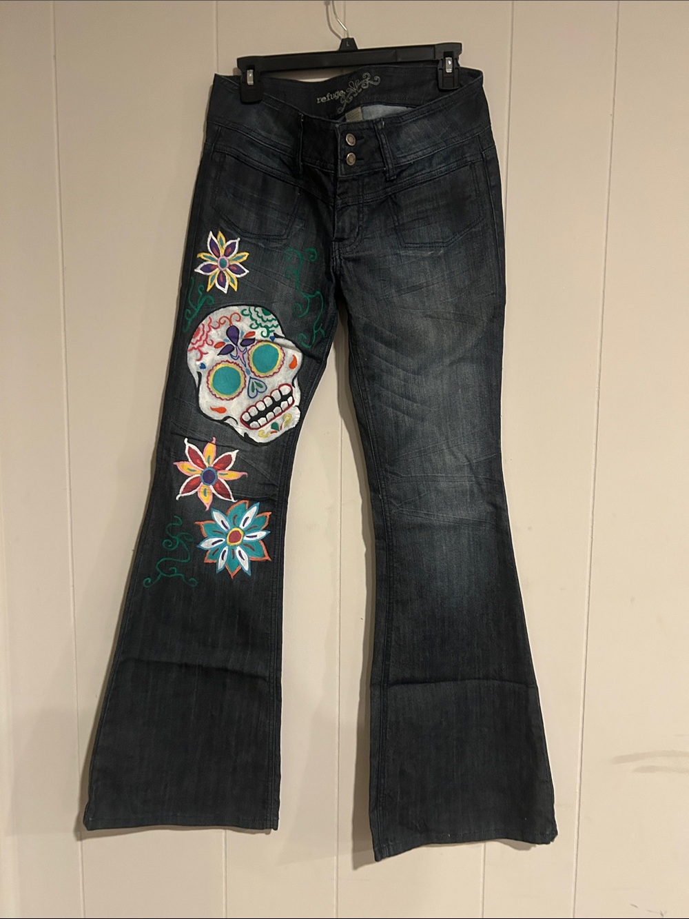 refuge Dark Wash Flare Jeans with Colorful Sugar Skull & Floral Embroidery